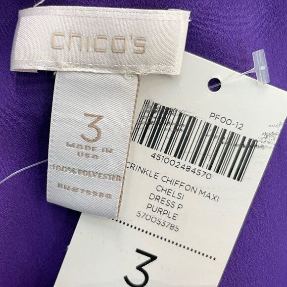 Chico's Chelsea Crinkle Chiffon Maxi Dress Size 3 / XL NEW Purple Ikat Print - Picture 8 of 8